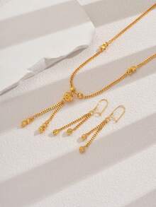 3pcs/Set Minimalist Elegant Round Bead Geometric Tassel Long Necklace & Earrings Jewelry Set, Suitable For Women's Wedding, Anniversary, Evening Gown - Gold - View 3