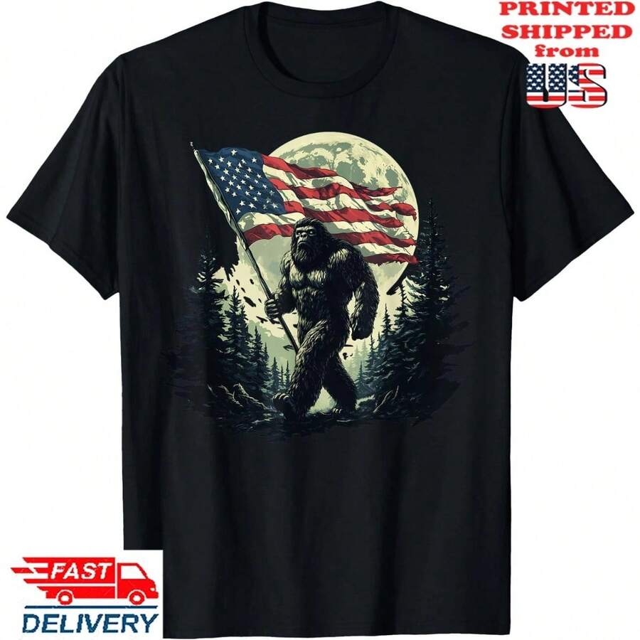 Most Popular Big Foot Bigfoot Sasquatch American Flag Patriotic 4th July T-Shirt - màu đen - Xem 1