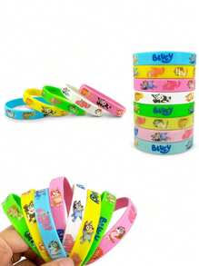 Bluey 10 قطع أو 12 قطعة من أساور سيليكون بأشكال كرتونية ملونة عشوائية لعائلة بلوي وأصدقائهم، أساور مطاطية ناعمة بنمط مرسوم لشخصيات الكلب بينجو وباندت وكريستين هيلر، هدايا وإكسسوارات لحفلات الأطفال والأعياد