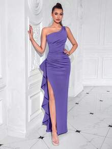 ADYCE Gaun Panjang Selutut Elegan Bergaya Vintage dengan Satu Bahu, Berenda, dan Belahan Depan, Cocok untuk Pesta Dansa, Kencan Malam, Tamu Pernikahan, Acara Kembali ke Sekolah, dan Pesta Musim Panas. - Purple - View 7