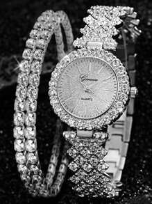 2pcs Women's Fashionable And Casual Quartz Watch, Round Luxury Full Diamond Watch, Paired With Diamond Studded Bracelet Jewelry Combination Set, Suitable For Daily Wear, Festivals And Parties, The Best Gift For Women.