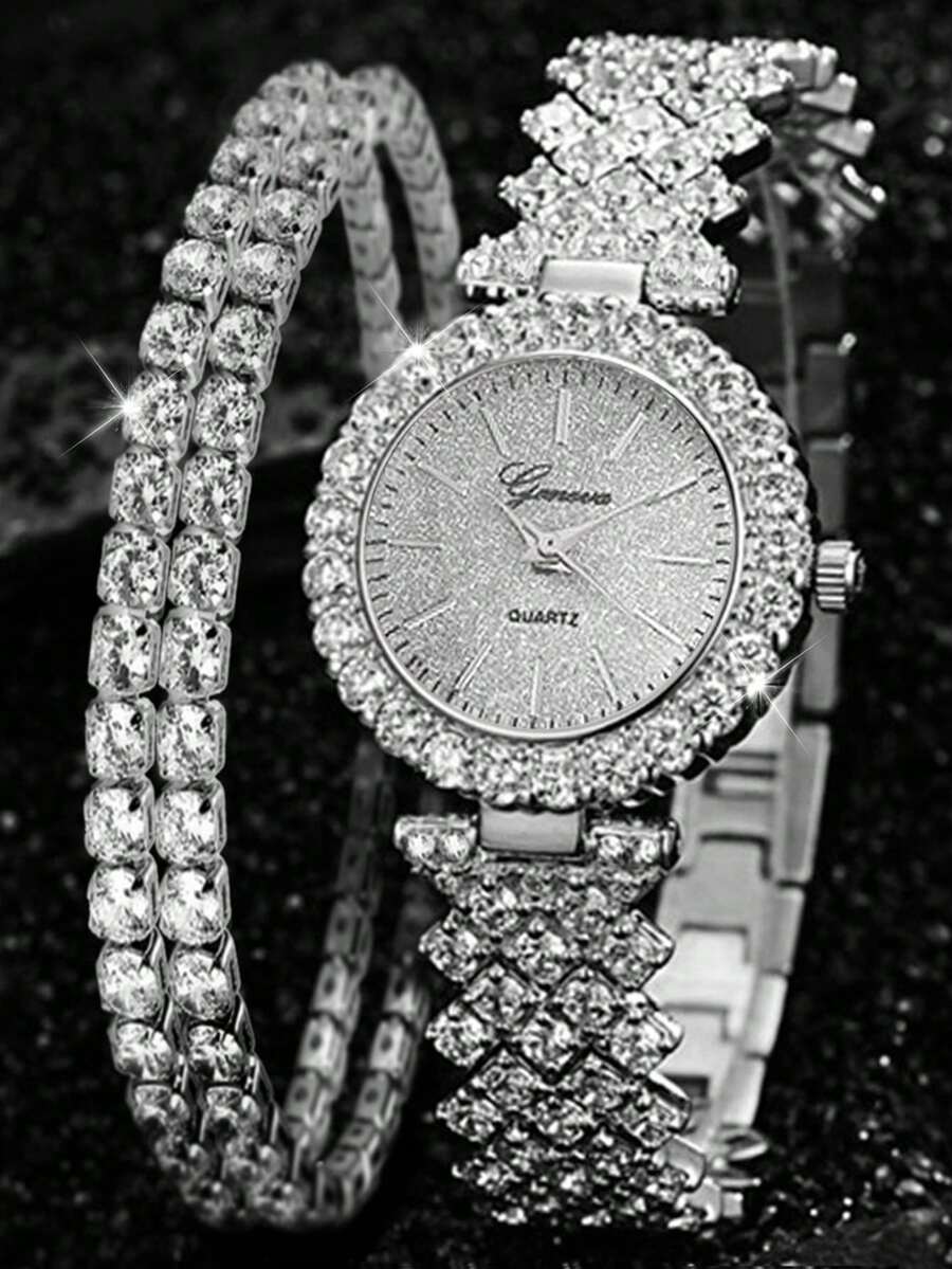 2pcs Women's Fashion Casual Quartz Watch, Round Luxury Full Diamond Watch, Paired With Rhinestone Bracelet Jewelry Set, Suitable For Daily Wear, Festivals And Parties, Best Gift For Women