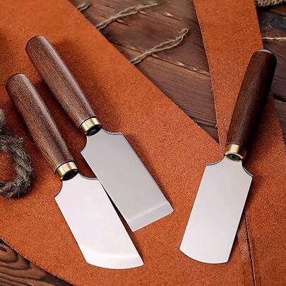 Cuchillo artesanal - Hoja de acero D2 y mango de madera pura, diseño de boca semicircular/plana/oblicua para recortes y adelgazamiento de precisión - Herramienta ergonómica de piel DIY para artesanos y aficionados profesionales, herramientas de marroquinería, construcción resistente, mango duradero, productos artesanales hechos a mano