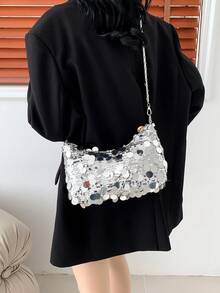 1件装绗缝拉链亮片手提包，夏季新款闪亮腋下包，大容量派对晚宴包，时尚链条单肩包，适合女性外出、度假、派对、宴会等场合 - 銀色 - 查看 7