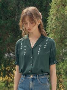 Simple Retro Blusa de verano con estilo retro elegante con botones encontrados, bordados y mangas cortas, para mujer, ideal para uso casual o de vacaciones durante la primavera y el verano