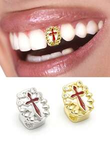 1 pieza Grillz con diseño de cruz hueca, estilo punk personalizado adecuado para hombres y mujeres, para uso diario - Multicolor - Ver 7