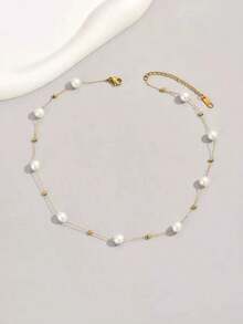 18k Gold Plated 1pc Stainless Steel Beaded Necklace, Suitable For Daily Wear And Holiday Gifts For Friends - 彩色 - 查看 6