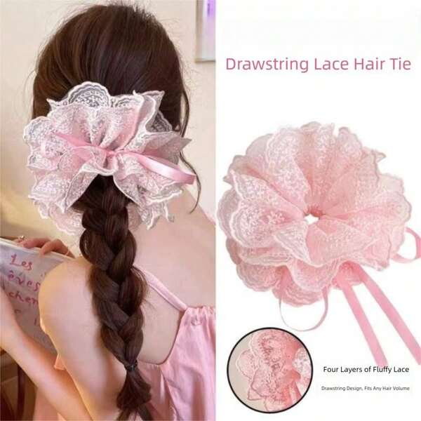 Women Lace Scrunchies Sweet Lace Trim Hair Ties Girl Ballet Ponytail Head Flowers Hair Accories