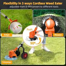 Cortacésped inalámbrico con ruedas, batería recargable de 21V, cortacésped de 4 cuchillas, recortador de césped, recortador de arbustos, recortador de jardín - Amarillo - Ver 4