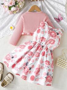 2 件套女童春秋时尚荷叶边下摆夹克搭配精致蝴蝶结花卉印花无袖连衣裙两件套服装，可爱又生动