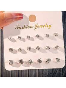 9 件/18 件经典玻璃水晶耳钉，简约时尚耳环组合 - 方爪 - 查看 2