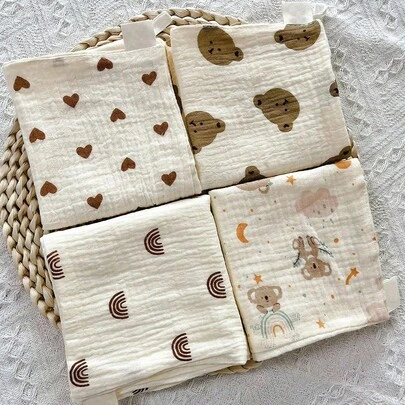 4 khăn tay vuông cho trẻ sơ sinh, khăn mặt gạc cho trẻ sơ sinh, yếm dãi cho bé hoạt hình