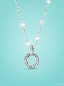 Double Circle By Circle 100% 925 Silver Necklace Pendant Necklace Snake Chain Suitable For Brand Original Pendant Necklace Girlfriend Jewelry Gift Wedding Necklace Fashion Refined Crystal Pendant Necklace Exquisite Gift Suitable For Gift Giving - Silver - View 6