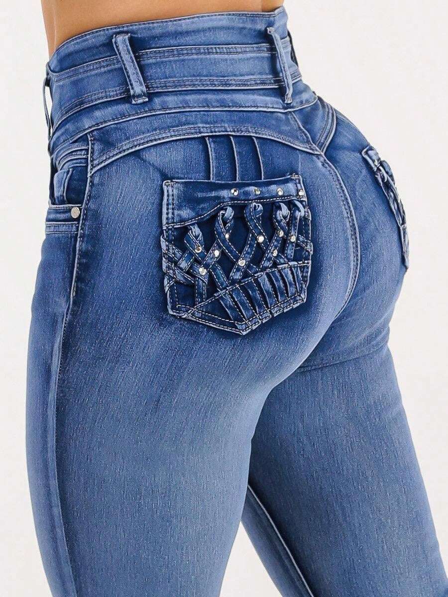 Butt Lift Super High Waist Skinny Jeans W Back Pocket Design - Multicolor - View 1