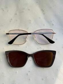 Women's Clip-On 2 In 1 Metal Leg With Shiny Small Size Polarized Lens Fashion Eyeglasses Frame 22428 - 玫瑰紅 - 查看 2