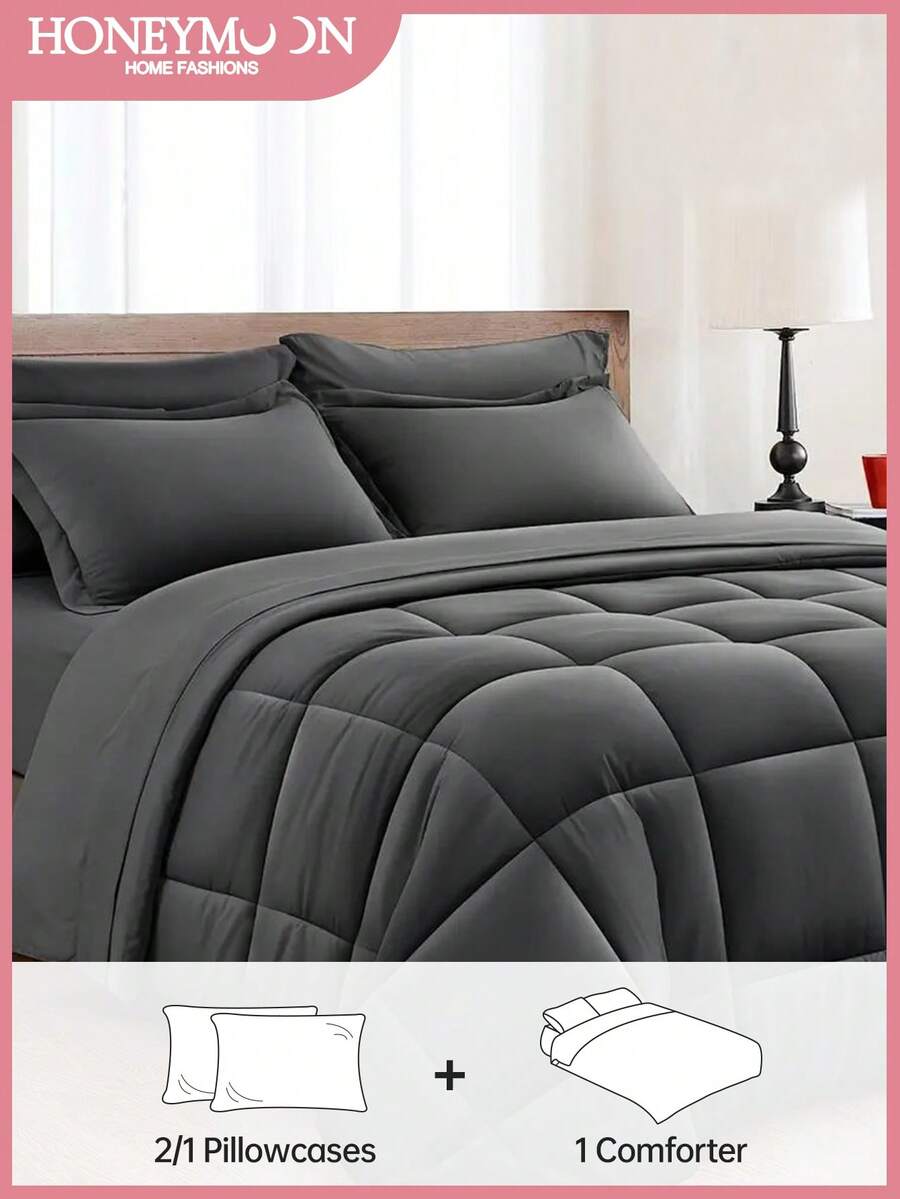 2/3 Pieces Set Of Thick Quilts For All Seasons, Fluffy And Warm Bedding Quilt, Large And Extra-Large Quilted Quilt Three Pieces Set, High-Quality Full Polyester Fiber Filling, Lightweight Breathable Quilted Quilt, Queen King Size Quilt Core, Machine Washable Bedding Quilt With Label, Includes Two Pillowcases, Does Not Include Pillow Cores,For Home Bedding And School Bedding Dorm Essentials - Dark Gray - View 1