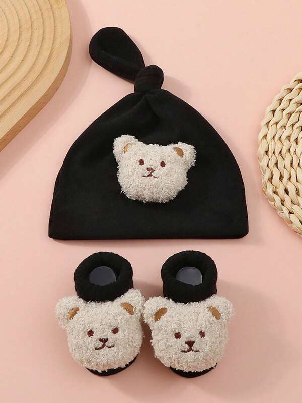 1 pièce Bonnet bébé ourson + 1 paire de chaussettes antidérapantes pour bébé motif dessin animé
