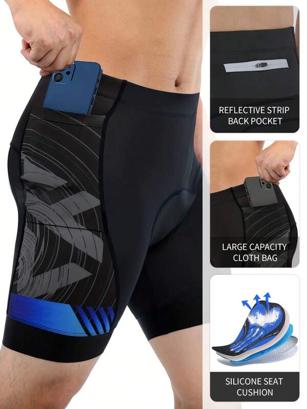 Men's High Performance Cycling Shorts With Pockets & Zipper, Printed, Elastic, Padded & Shock-Absorbing, Suitable For Mountain Biking And Road Cycling, Comfortable For All Seasons