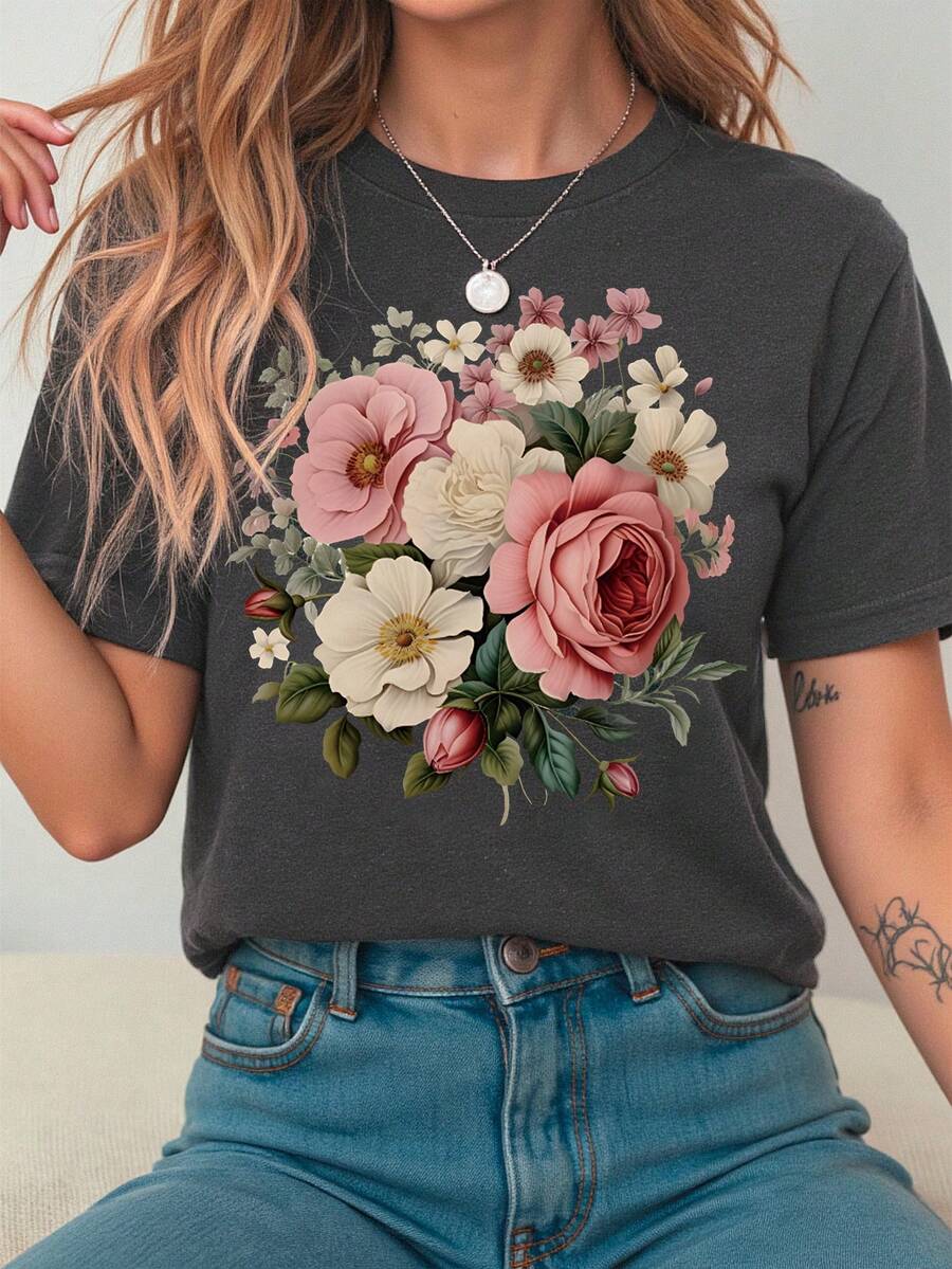 T-shirt gris à col rond et manches courtes pour femmes grande taille - Gris foncé - Voir 1