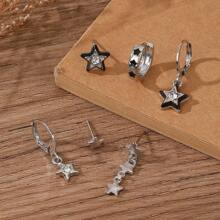 6 أزواج أقراط معدنية سوداء بتصميم نجمي وحلق أذن زركونيا، إكسسوارات حفلة عصرية للمرأة