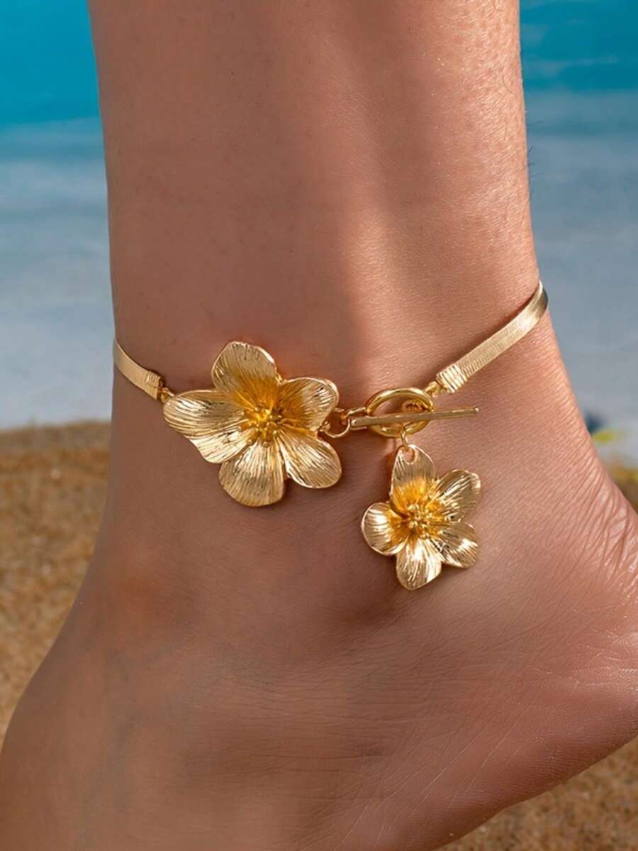 1 件女士度假风格花卉吊坠和流苏多层脚链（无礼盒）