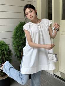 宽松中长款白色盖袖亚麻衬衫，女士无袖上衣，夏季 - 白色 - 查看 3