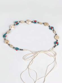 1pc Girl's Bohemian Style Turquoise Beaded Braided Waist Belt, Summer Vacation Tie-Up Waist Rope For Dress, Beach, Party