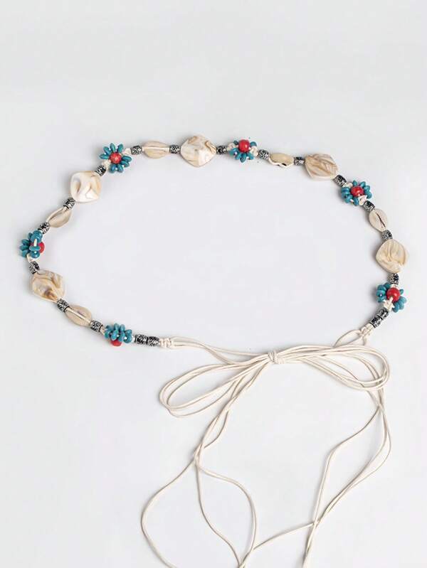 1pc Girl's Bohemian Style Turquoise Beaded Braided Waist Belt, Summer Vacation Tie-Up Waist Rope For Dress, Beach, Party
