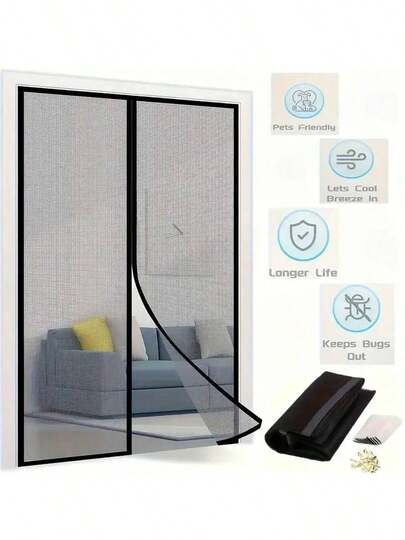 AIYYIPA 1pc Magnetic Mosquito Net Door Curtain, Summer Upgrade Windproof Screen, No Drilling Required, Mesh Curtain - Anti-Insect & Ventilation, Classic Design, Suitable For Bedroom, Living Room, RV Door And Windows, Includes Sticky Tape! Ideal For Indoor/Outdoor Use, Mosquito Net