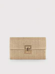Bolso de playa con solapa con cierre de giro, de paja trenzada con cadena, tipo clutch