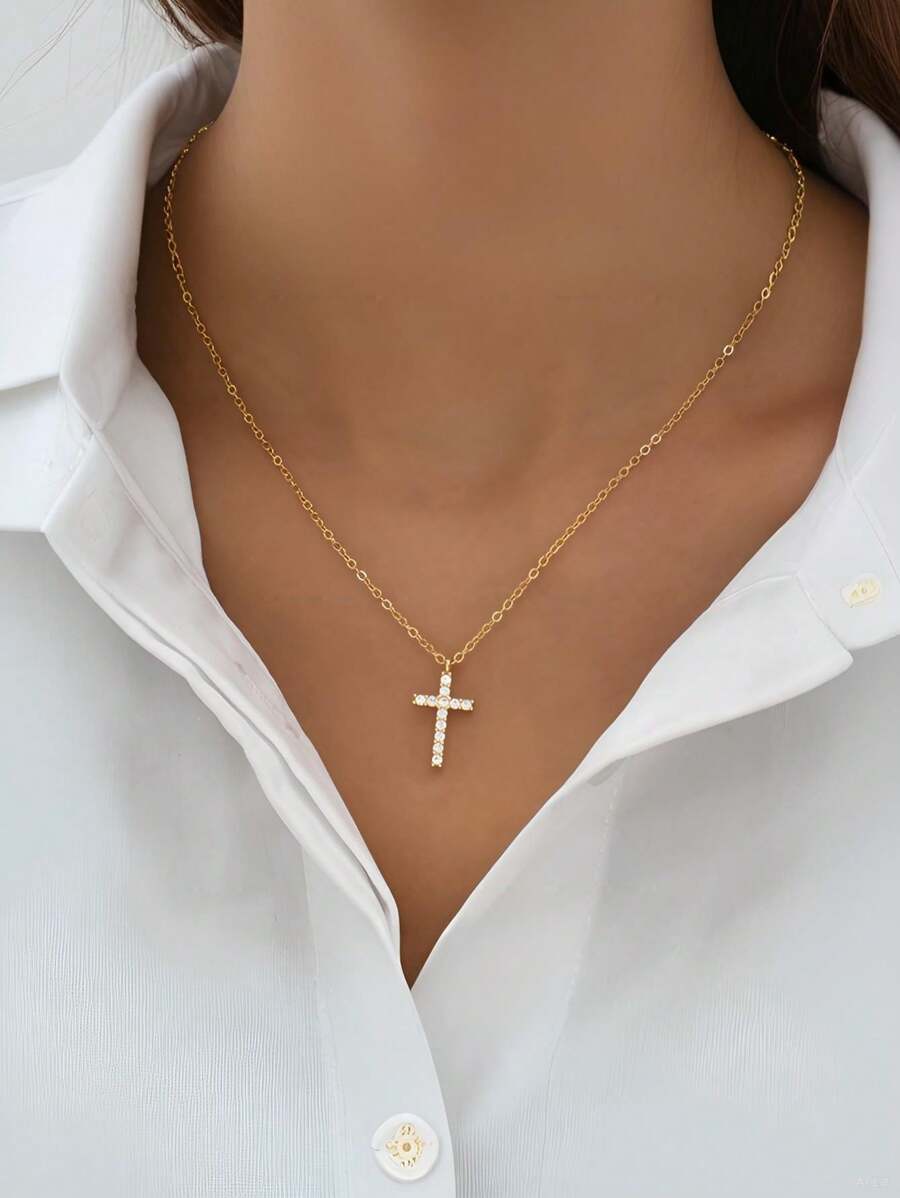 1pc Women's Gold-Color Rhinestone Cross Pendant Necklace, Suitable For Everyday Wear
