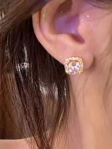 1 Pair Exquisite Copper-Plated Stone Stud Earrings – Chic And Elegant Design, Perfect Daily Wear Or Festival Gift For Women - Vàng vàng - Xem 4