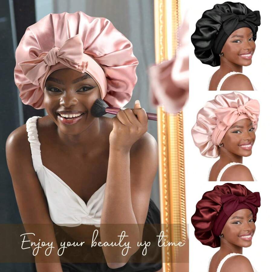1 Piece Of Satin Hat, Silk Wrapped Hair With Sleeping Cap Tie, Women's Long Straight Curly Hair Care Cap, Beauty Headscarf Cap, Suitable For Bathroom, Sleep, Beauty, Fitness, Women's Hair Care Essential Supplies