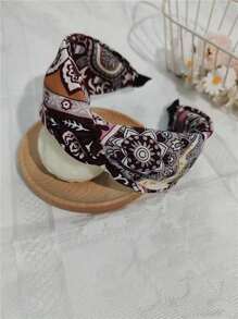 1 pieza Diadema ancha con lazo y estampado de flores, accesorio para el cabello de tela para uso diario, diadema para mujeres, accesorios para el cabello