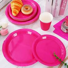 100Pcs Hot Pink Pa Rty Supplies Set Disposable Party Dinnerware Sets 50Pcs Paper Plates 25Pcs Napkin 25Pcs Cups For Wedding Birthday Party Supplies Table Decorations - 玫紅色 - 查看 2