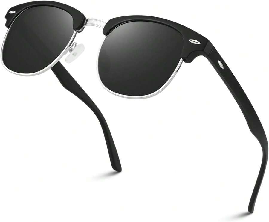 Polarized Semi Rimless Sunglasses For Men Women, Classic Retro Shades Half Frame Driving Sun Glasses UV Protection - Grey - View 1