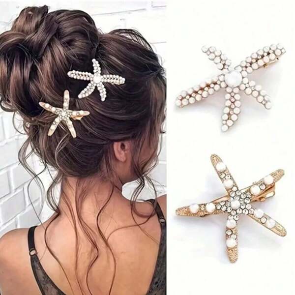 2pcs Vintage Faux Pearl Decor Starfish Shaped Hair Clip Stylish Hair Bun Maker Accessory, Suitable For Women And Girls For Daily Wear, Claw Clips, Hair Slide, Hair Barrettes
