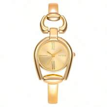 1pc Women's Minimalist Green Horseshoe-Shaped Case, Colorful Dial, Alloy Band Quartz Watch, Fashionable For Everyday Wear - Gold - View 4