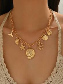 1pc Summer Beach Vacation Style Multi Sea Creature Pendant Necklace, Fashionable Versatile Alloy Seashell Coral Pendant Necklace For Women, Suitable For Daily Outfit, Travel And Party Wear
