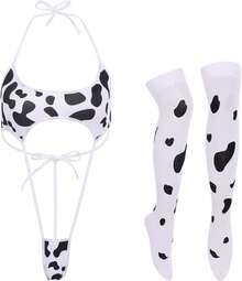 FYMNSI Women Milk Cow Lingerie Set Anime Maid Cosplay Costume Bikini Bra Bodysuit With Bell Choker Stockings Outfit - 乳牛連身泳衣套裝 - 查看 8