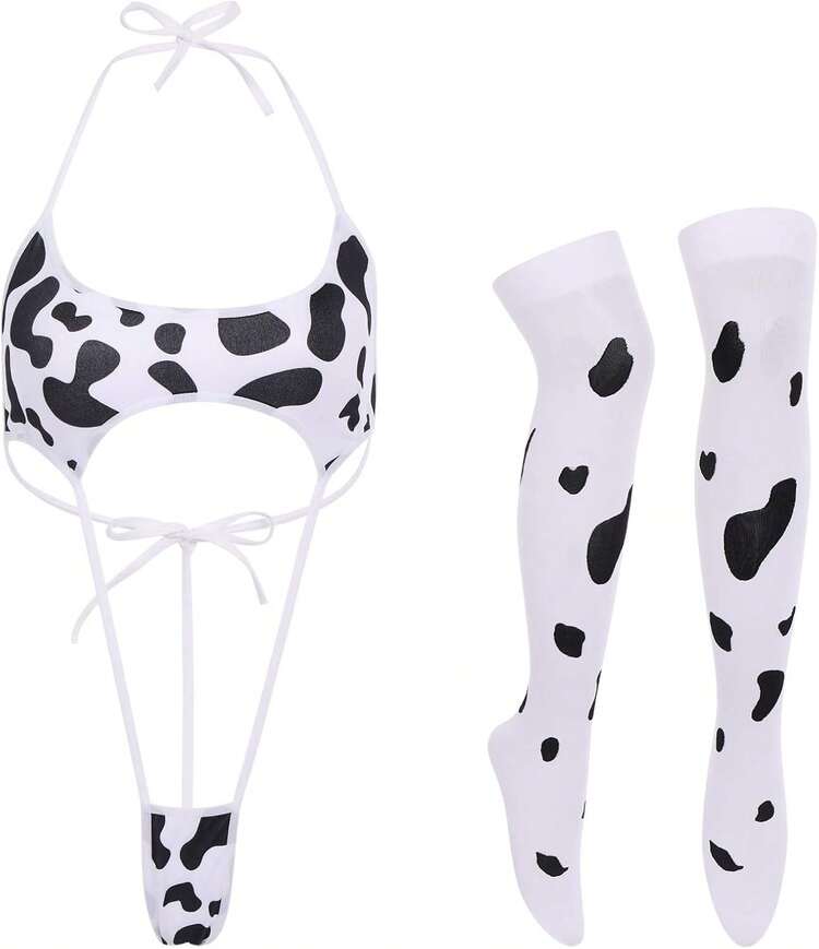 FYMNSI Women Milk Cow Lingerie Set Anime Maid Cosplay Costume Bikini Bra Bodysuit With Bell Choker Stockings Outfit - Cow Monokini Set - View 8
