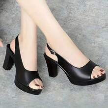 Tacones gruesos con hebillas de cabeza redonda y zapatos vacíos temperamento dama tacones altos boca tacones altos sandalias,Sandalias de tacón para mujer - Negro - Ver 2