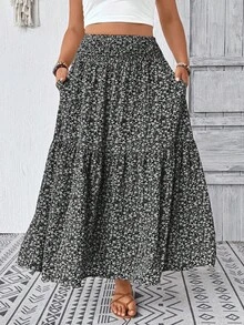 Chân váy midi dáng suông họa tiết hoa nhí cho nữ cỡ lớn, có bèo nhún, cạp chun, thích hợp cho kỳ nghỉ thu hè. - Hoa đen - Xem 6