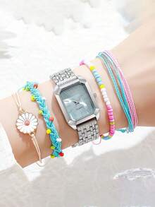 Set de 5 relojes de pulsera de lujo para mujer con brazalete trenzado de cuentas de colores, estilo minimalista y cuadrado, movimiento de cuarzo, sin caja de regalo