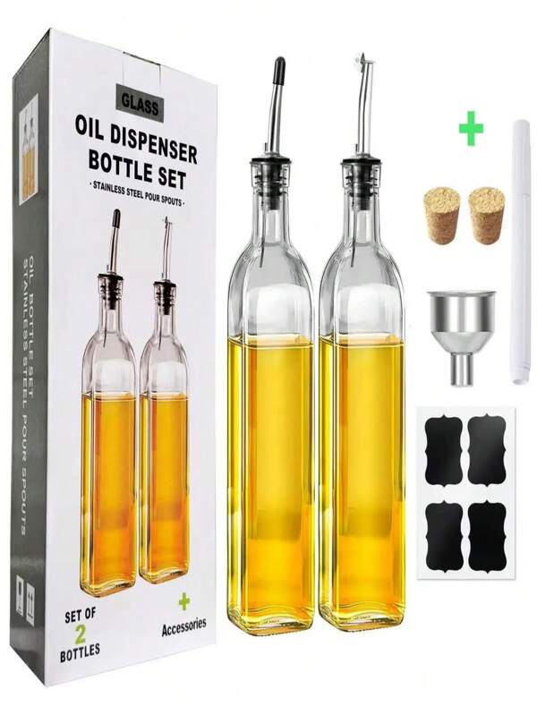 Conjunto de 2 dispensadores de azeite e vinagre de vidro, com 2 bicos de aço inoxidável, 4 rótulos, 1 escova e 1 funil de cozinha de 500 ml para óleo
