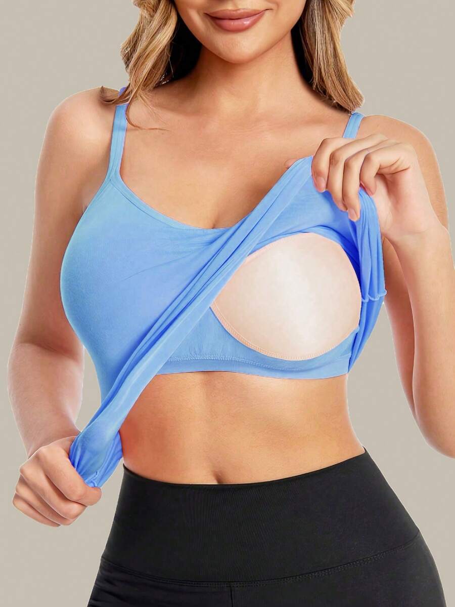 Blue Seamless Camisole With Padding, Long Vest Top, Workout - Blue - View 1
