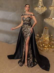 Faeriesty Faeriesty Gorgeous Beaded Sequin Evening Gown With Floral Beading Embroidery & Dramatic Slit Detail, Back Fluid Satin Overlay For High-End Parties, Black Tie Affairs & Urban Fashion Events