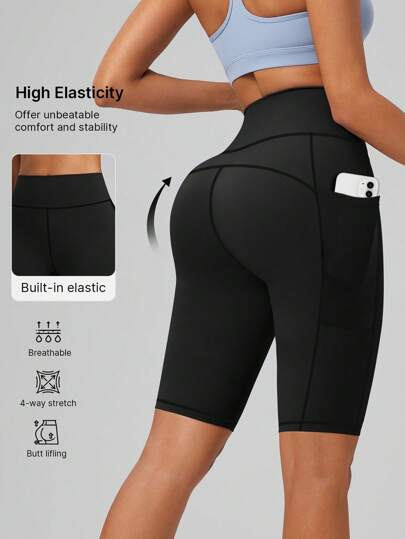1pc High Waist Butt Lifting Tight Leggings, Bike Shorts, Jogging Shorts, Sports Shorts For Summer, With Pockets, Gym Wear, High Elasticity, Breathable, Moisture Wicking, Suitable For Gym Workout, Outdoor Sports, Yoga, Pilates, Running, Cycling