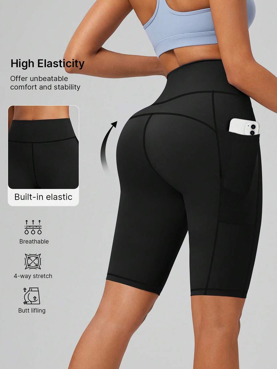 1pc High Waist Butt Lifting Tight Leggings, Bike Shorts, Jogging Shorts, Sports Shorts For Summer, With Pockets, Gym Wear, High Elasticity, Breathable, Moisture Wicking, Suitable For Gym Workout, Outdoor Sports, Yoga, Pilates, Running, Cycling