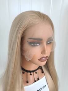 13x4 蜜金色蕾丝前假发，长直蜜金色棕色合成假发，自然发际线，适合黑色/浅色头发，耐热纤维，适合日常佩戴（蜜金色）。 - 金色 - 查看 7